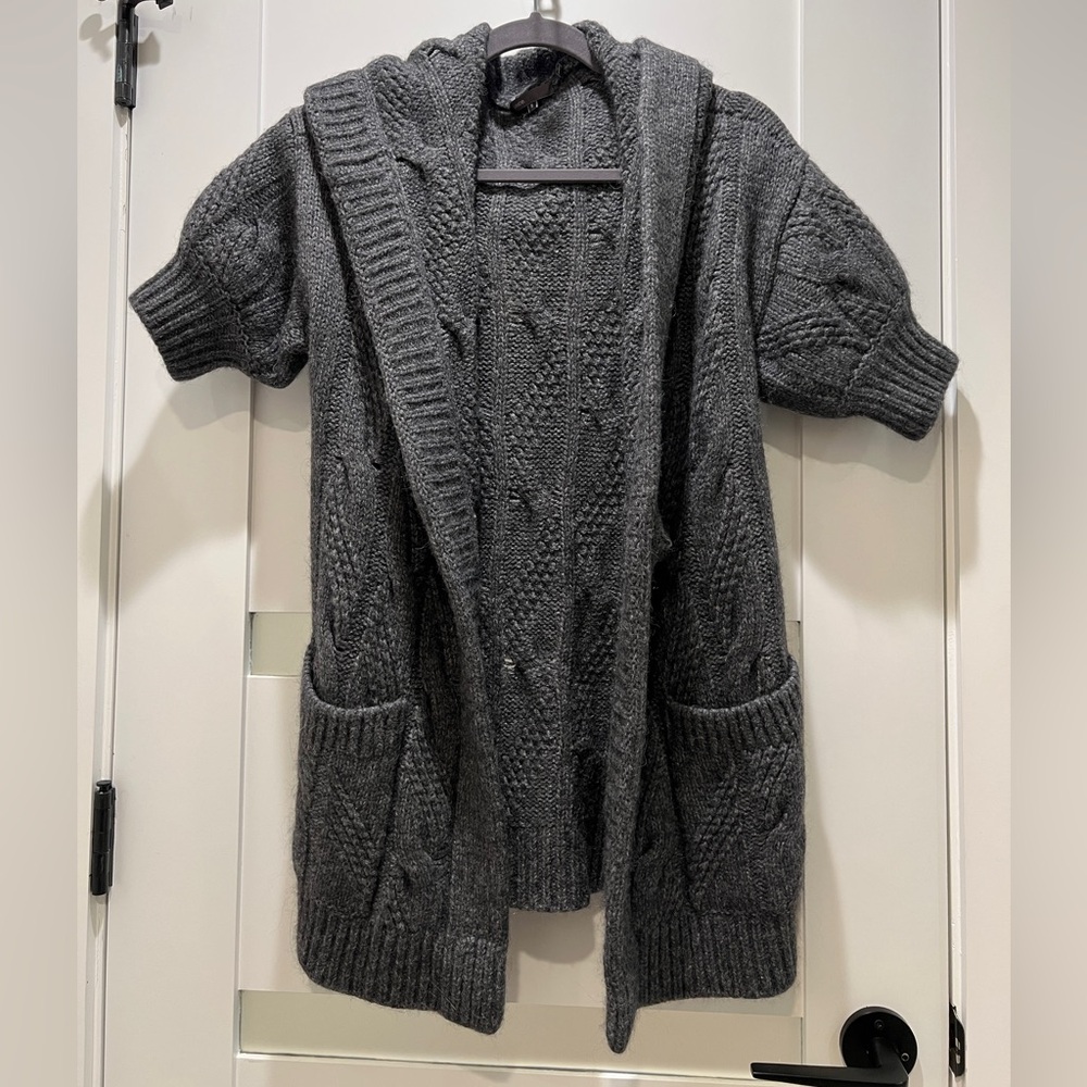 Vince Charcoal Chunky Loose Knit Short Sleeve Cardigan Hooded Sweater Small